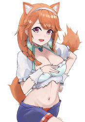Rule 34 | 1girl, alternate breast size, alternate hairstyle, animal ears, artist name, braid, breasts, cat ears, choker, cleavage, cleavage cutout, clothing cutout, collarbone, crop top, eyelashes, fingernails, fox tail, green choker, hairband, hand on own chest, hand on own hip, hand up, highres, hololive, hololive english, kairukero, kfp, long hair, long tail, looking at viewer, low-braided long hair, low-tied long hair, midriff, navel, official alternate costume, open fly, open mouth, orange hair, panties, plaid, red eyes, red panties, shirt, shorts, shorts rolled up, sidelocks, simple background, solo, tail, takanashi kiara, takanashi kiara (casual), twin braids, twintails, underwear, virtual youtuber, white background, white shirt, wrist cuffs