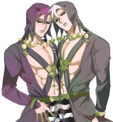 Rule 34 | 2boys, black sclera, clone, colored sclera, forehead-to-forehead, hanrushi, heads together, highres, jojo no kimyou na bouken, looking at viewer, multiple boys, pectoral cleavage, pectorals, purple hair, red eyes, risotto nero, vento aureo, white background, white hair