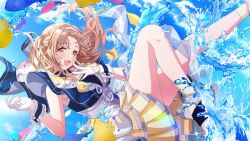 Rule 34 | 1girl, ankle boots, armpits, belt, blush, boots, brown eyes, brown hair, card (medium), frills, gloves, hairband, high heel boots, high heels, ichikawa hinana, idol, idolmaster, idolmaster shiny colors, long hair, looking at viewer, official alternate costume, official art, one side up, open mouth, parted bangs, pleated skirt, skirt, sleeveless, smile, solo, tareme, water, white gloves, white hairband, wrist cuffs, yellow skirt