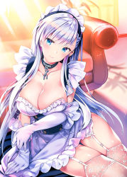 Rule 34 | 1girl, apron, arm support, azur lane, belfast (azur lane), blue eyes, blush, braid, breasts, chain, cleavage, collar, collarbone, dress, french braid, frills, garter straps, gloves, large breasts, long hair, looking at viewer, maid, maid headdress, rei (rei&#039;s room), silver hair, sitting, smile, solo, thighhighs, white gloves, white thighhighs