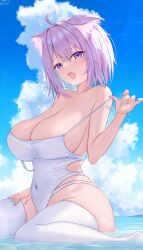 Rule 34 | 1girl, absurdres, ahoge, animal ear fluff, animal ears, blue hair, blue sky, blush, breasts, cat ears, cat girl, cleavage, cloud, colored inner hair, commentary request, covered navel, fang, highres, hololive, large breasts, looking at viewer, medium hair, multicolored hair, nekomata okayu, one-piece swimsuit, open mouth, partial commentary, purple hair, red o7, skin fang, sky, smile, swimsuit, thighhighs, virtual youtuber, water, white one-piece swimsuit, white thighhighs