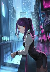 Rule 34 | 1girl, absurdres, arm support, black skirt, black vest, blush, breasts, brown pantyhose, building, cigarette, city, collared shirt, commentary, cowboy shot, cyberpunk, english commentary, fog, highres, jill stingray, juliet sleeves, leaning forward, long hair, long sleeves, looking at viewer, medium breasts, mouth hold, necktie, outdoors, pantyhose, pencil skirt, pink eyes, ponytail, puffy sleeves, purple hair, railing, red necktie, shirt, sidelocks, skirt, smoking, solo focus, swept bangs, va-11 hall-a, vertigris, vest, white shirt