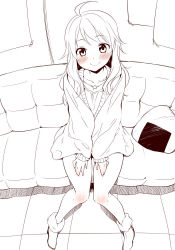 Rule 34 | 1girl, ahoge, blush, couch, cushion, food, from above, hip focus, hoshii miki, idolmaster, idolmaster (classic), kanya pyi, light smile, lineart, long hair, looking at viewer, onigiri, partially colored, sitting, smile, solo, spot color, themed object, thighs, wavy hair, wide hips
