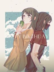 Rule 34 | 1girl, bang dream!, bang dream! it&#039;s mygo!!!!!, black hair, black mask, brown dress, capelet, chinese commentary, commentary, confetti, dress, drinking straw, drinking straw in mouth, dual persona, grey eyes, hanasakigawa school uniform, happy birthday, highres, holding carton, long sleeves, mask, medium hair, mouth mask, neck ribbon, pleated dress, red capelet, red ribbon, ribbon, sailor collar, sailor dress, school uniform, shirt, sigangsan, white sailor collar, white shirt, yahata umiri