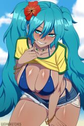 Rule 34 | 1girl, aqua eyes, aqua hair, beach, bikini, blue bikini, blue shorts, blue sky, bracelet, brazilian miku, breasts, clothes lift, cloud, collarbone, cowboy shot, day, denim, denim shorts, eyebrows, eyelashes, female focus, flower, flower on head, green shirt, grin, hand on own chest, hand on own thigh, hatsune miku, highres, jewelry, large breasts, lifting own clothes, long hair, looking at viewer, ludinsketches, matching hair/eyes, ocean, open clothes, open shorts, outdoors, sand, shirt, shirt lift, shorts, side-tie bikini bottom, sky, smile, smug, solo, standing, swimsuit, t-shirt, tan, tanline, teeth, twintails, two-tone shirt, very long hair, vocaloid, water, yellow shirt