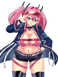 Rule 34 | 1girl, :p, azur lane, belt, bikini, black choker, black shorts, blue jacket, blue thighhighs, breasts, bremerton (azur lane), buckle, choker, cleavage, collarbone, commentary request, covered erect nipples, cowboy shot, cutoffs, ear piercing, eyewear on head, front-tie bikini top, front-tie top, grey belt, grey hair, hair between eyes, hair intakes, hair ornament, hand on own hip, hand up, head tilt, highleg, highleg bikini, hood, hood down, hooded jacket, jacket, large breasts, leaning forward, lifebuoy, long hair, long sleeves, looking at viewer, midriff, mole, mole under eye, multicolored hair, navel, navel piercing, neu (frameice), open clothes, open jacket, piercing, pink bikini, pink eyes, pink hair, red-tinted eyewear, short shorts, shorts, side-tie bikini bottom, sidelocks, simple background, smile, snap-fit buckle, solo, standing, streaked hair, sunglasses, sunglasses on head, swim ring, swimsuit, thigh strap, thighhighs, tinted eyewear, tongue, tongue out, twintails, two-tone hair, white background, wristband