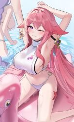 Rule 34 | 2girls, absurdres, arm up, armpits, bikini, bikini bottom only, blush, breasts, commentary, floppy ears, genshin impact, hair between eyes, hair intakes, highres, inflatable flamingo, large breasts, long hair, looking at viewer, multiple girls, navel, o-ring, o-ring bikini, one eye closed, parted lips, pink hair, purple eyes, raiden shogun, sideboob, sideless outfit, sideways glance, sitting, smile, solo focus, starfish, sungnyung15, swimsuit, symbol-only commentary, turtleneck, wariza, water, wet, white bikini, yae miko