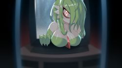 Rule 34 | 1girl, alternate breast size, bags under eyes, bare shoulders, blurry, blurry foreground, breasts, cleavage, closed mouth, collarbone, colored skin, constricted pupils, creatures (company), crt, dress, drunkoak, female focus, game freak, gardevoir, gen 3 pokemon, glowing, glowing eyes, green dress, green hair, hair over one eye, highres, large breasts, long hair, looking at viewer, nintendo, off-shoulder dress, off shoulder, one eye covered, pokemon, pokemon (creature), red eyes, sidelocks, skindentation, solo, static, television, the ring, through medium, through screen, upper body, white skin
