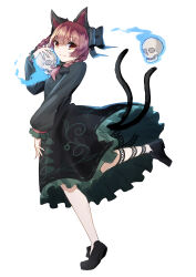 Rule 34 | 1girl, absurdres, animal ears, black footwear, black ribbon, braid, cat ears, cat girl, cat tail, closed mouth, commentary request, full body, green eyes, highres, holding, holding skull, kaenbyou rin, leg ribbon, long sleeves, looking at viewer, medium hair, multiple tails, nekomata, red eyes, red hair, ribbon, side braids, simple background, skull, solo, standing, standing on one leg, tail, touhou, twin braids, two tails, white background, yuki hishaku