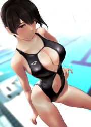 Rule 34 | 1girl, black hair, black one-piece swimsuit, blurry, blurry background, blush, breasts, brown eyes, cleavage, cleavage cutout, closed mouth, clothing cutout, collarbone, female focus, hand on own hip, highres, kaga (kancolle), kantai collection, large breasts, looking at viewer, medium hair, navel, navel cutout, one-piece swimsuit, pool, side ponytail, solo, swimsuit, wa (genryusui)