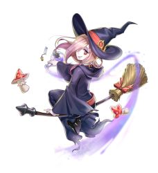 Rule 34 | 1girl, blue hat, bow, broom, broom riding, hair over one eye, hat, little witch academia, long hair, looking at viewer, mushroom, parted lips, pink hair, red bow, red eyes, sitting, smile, solo, sseli, sucy manbavaran, teeth, witch hat