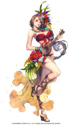 Rule 34 | 1girl, bandeau, bare shoulders, bikini, braid, breasts, brown hair, chaos online, cleavage, flower, front-tie top, full body, hair ornament, happy, hibiscus, highres, instrument, jewelry, large breasts, long hair, looking at viewer, love cacao, mayreel, necklace, official art, open mouth, parted lips, platform footwear, red bikini, red eyes, sandals, simple background, single braid, skindentation, solo, standing, standing on one leg, swimsuit, white background