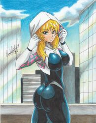 Rule 34 | 1girl, 2021, ass, black bodysuit, blonde hair, blue eyes, bodysuit, breasts, building, day, gwen stacy, highres, hood, large breasts, long hair, marvel, outdoors, ravernclouk design, rooftop, solo, spider-gwen, spider-man (series), tight clothes, traditional media, two-tone bodysuit, white bodysuit