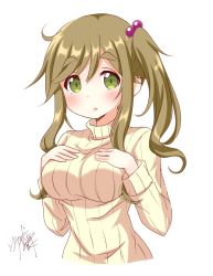 Rule 34 | 1girl, blush, breasts, brown hair, commentary request, fang, green eyes, hair bobbles, hair ornament, hands on own chest, hands up, highres, inuyama aoi, long sleeves, looking at viewer, open mouth, side ponytail, signature, simple background, skin fang, solo, sweater, thick eyebrows, turtleneck, turtleneck sweater, usagi koushaku, white background, yurucamp