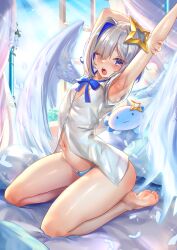 Rule 34 | 1girl, amane kanata, angel, armpits, arms behind head, arms up, bare arms, bare legs, barefoot, bed, blue eyes, blue hair, blue panties, blue ribbon, blue sky, blush, breasts, collarbone, day, expressionless, eyebrows, eyelashes, feathered wings, feathers, female focus, foot out of frame, from side, grey hair, hair ornament, hand on own arm, highres, holoforce, hololive, indoors, jagoo, looking at viewer, looking to the side, medium hair, multicolored hair, navel, neck ribbon, on bed, open mouth, outstretched arm, panties, petite, ribbon, seiza, shirt, sitting, sky, sleeveless, sleeveless shirt, small breasts, solo, star (symbol), star hair ornament, stretching, teeth, thighs, toes, two-tone hair, underwear, upao (amane kanata), upper teeth only, virtual youtuber, white feathers, white shirt, wings
