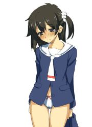 Rule 34 | 1girl, blue shirt, blush, brown hair, closed mouth, cowboy shot, crying, crying with eyes open, embarrassed, hair ornament, hair scrunchie, head tilt, holding, holding clothes, holding skirt, long hair, long sleeves, namonashi, necktie, no pants, one side up, original, panties, sailor collar, scrunchie, shirt, simple background, skirt, unworn skirt, solo, standing, tears, thigh gap, underwear, white background, white necktie, white panties, white sailor collar