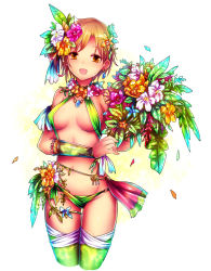 Rule 34 | 1girl, :d, bouquet, breasts, brown eyes, brown hair, cleavage, cowboy shot, cropped legs, earrings, flower, green thighhighs, hair flower, hair ornament, jewelry, kara (color), looking at viewer, necklace, open mouth, original, petals, short hair, smile, solo, thighhighs, underboob
