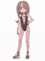 Rule 34 | 1girl, breasts, hair over one eye, highres, little witch academia, small breasts, sucy manbavaran, swimsuit, thighs, wedge heels