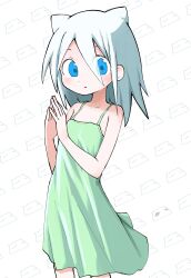 Rule 34 | 1girl, absurdres, blue eyes, blush, collarbone, cowboy shot, dress, efra-chan, green dress, hair between eyes, hair horns, hands up, highres, looking at viewer, medium hair, moneko (null-meta), null-meta, own hands together, parted lips, patterned background, short dress, sleeveless, sleeveless dress, solo, spaghetti strap, steepled fingers, takada shiyuki, white background, white hair