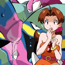 Rule 34 | 1girl, ahoge, alolan form, alolan muk, bare arms, bare shoulders, belt, bracelet, breasts, brown eyes, brown hair, creatures (company), delia ketchum, dress, game freak, gen 1 pokemon, gen 7 pokemon, gomatarou (pixiv196136), jewelry, long hair, looking at another, lowres, medium breasts, muk, neck, necklace, nintendo, open mouth, orange dress, parted bangs, pink belt, pokemon, pokemon (anime), pokemon (creature), pokemon sm (anime), ponytail, scared, sexually suggestive, strapless, strapless dress, sweatdrop