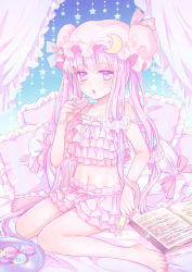 Rule 34 | 1girl, :o, bad id, bad pixiv id, bare arms, bare legs, bare shoulders, barefoot, bed, bed sheet, blue background, blunt bangs, blush, book, collarbone, crescent, crescent pin, curtains, food, frilled pillow, frills, gradient background, hair ornament, hair scrunchie, hat, highres, holding, holding food, knees together feet apart, layered clothes, long hair, looking at viewer, low-tied long hair, macaron, mob cap, nail polish, navel, neme, on bed, open book, open mouth, patchouli knowledge, pillow, pink hat, purple eyes, purple hair, purple nails, scrunchie, sitting, solo, star (symbol), stomach, strap slip, toenail polish, toenails, toes, touhou, tray, underwear, underwear only, very long hair, wariza