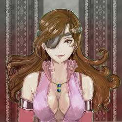 Rule 34 | 00s, 1girl, bare shoulders, beatrix, breasts, brown eyes, brown hair, cleavage, curly hair, elbow gloves, eyepatch, female focus, final fantasy, final fantasy ix, gloves, jewelry, long hair, necklace, plumsyrup, solo