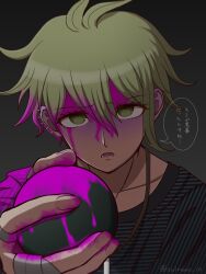 Rule 34 | 1boy, amami rantaro, antenna hair, artist name, ball, bandaged hand, bandages, blood, blood on clothes, blood on face, collarbone, danganronpa (series), danganronpa v3: killing harmony, ear piercing, earrings, gradient background, green eyes, green hair, highres, holding, holding ball, jewelry, lower teeth only, male focus, necklace, open mouth, piercing, pink blood, shirt, short hair, solo, speech bubble, spoilers, striped clothes, striped shirt, suiren yurei, teeth, translation request
