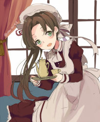 Rule 34 | 10s, 1girl, alternate costume, apron, ayanami (kancolle), bad id, bad pixiv id, blush, brown hair, chiyu (cotoritori), cup, curtains, enmaided, green eyes, hat, kantai collection, long sleeves, looking at viewer, maid, maid apron, maid headdress, mob cap, puffy sleeves, side ponytail, sketch, solo, teacup, teapot, tray, twitter username, window
