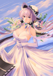 Rule 34 | 1girl, absurdres, aki, azur lane, bad id, bad pixiv id, bare shoulders, blue eyes, breasts, cleavage, detached collar, dress, elbow gloves, flower, gloves, hair between eyes, hat, highres, illustrious (azur lane), large breasts, long dress, long hair, looking at viewer, mole, mole under eye, sleeveless, sleeveless dress, solo, strapless, strapless dress, sun hat, tri tails, very long hair, water, white dress, white gloves, white hat