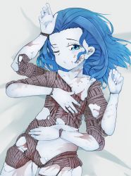 Rule 34 | 1girl, absurdres, blood, blood on face, blood splatter, blue eyes, blue hair, closed mouth, completely nude, elden ring, extra arms, fingernails, flat chest, highres, jewelry, joints, looking at viewer, lying, medium hair, nail polish, nude, on back, one eye closed, ranni the witch, ring, solo, white nails, yellowparrot, aged down