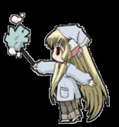 Rule 34 | 00s, 1girl, android, animal ears, animated, animated gif, apron, blonde hair, brown eyes, chibi, chii, chobits, cleaning, full body, jacket, long hair, lowres, pants, solo, standing, transparent background, twintails, very long hair