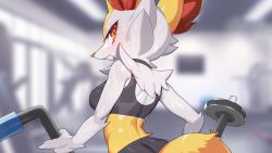 Rule 34 | 1girl, absurdres, animal ear fluff, animal ears, animal hands, animal nose, back, bare shoulders, bike shorts, black choker, blurry, blurry background, body fur, braixen, breasts, choker, claws, closed mouth, creatures (company), drunkoak, dumbbell, fang, fang out, female focus, fox ears, fox girl, fox tail, from behind, fur collar, furry, furry female, game freak, gen 6 pokemon, gym, highres, holding, indoors, looking at viewer, looking back, medium breasts, nintendo, pokemon, pokemon (creature), red eyes, shiny clothes, shiny skin, skin tight, snout, solo, sports bra, standing, sweat, tail, two-tone fur, upper body, white fur, yellow fur