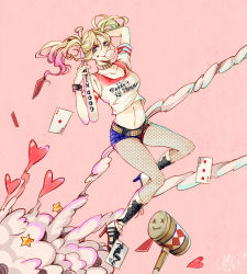 Rule 34 | 1girl, baseball bat, batman (series), blonde hair, boots, breasts, chewing gum, choker, colored tips, dc comics, fishnets, harley quinn, high heel boots, high heels, highres, lipstick, makeup, multicolored hair, pantyhose, short shorts, shorts, solo, suicide squad, twintails, weapon
