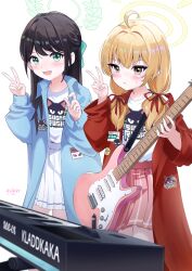 2girls :d absurdres ahoge airi_(band)_(blue_archive) airi_(blue_archive) artist_name aviary blonde_hair blue_archive blush commentary dated english_commentary green_halo guitar hair_ribbon halo highres holding holding_instrument instrument jacket keyboard_(instrument) logo_print long_hair long_sleeves looking_at_viewer low_twintails miniskirt multiple_girls official_alternate_costume open_clothes open_jacket open_mouth pink_skirt pleated_skirt print_shirt red_jacket revision ribbon shirt skirt smile teeth twintails upper_teeth_only v white_background white_shirt yellow_halo yoshimi_(band)_(blue_archive) yoshimi_(blue_archive)