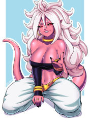 Rule 34 | 1girl, absurdres, android 21, black nails, black sclera, black shirt, blue background, breasts, choker, cleavage, collarbone, colored sclera, colored skin, detached sleeves, dragon ball, dragon ball fighterz, earrings, grin, highres, jewelry, kneeling, large breasts, lip biting, long hair, long sleeves, looking at viewer, majin android 21, navel, pants, pink skin, pointy ears, red eyes, ring, shirt, smile, strapless, tail, teeth, tube top, white hair, white pants, zeshgolden