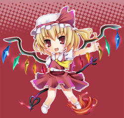 Rule 34 | 1girl, arm behind back, blouse, chibi, collared shirt, fangs, female focus, flandre scarlet, hat, mob cap, one side up, red background, shirt, socks, solo, tomusooya, touhou, white hat, white shirt, white socks, wings