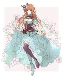 Rule 34 | 1girl, au ra, belt, belt buckle, black footwear, black thighhighs, blue dress, blue ribbon, border, breasts, brown belt, brown corset, buckle, butterfly hair ornament, cleavage, closed mouth, corset, dress, final fantasy, final fantasy xiv, floral background, frilled dress, frills, full body, green eyes, hair ornament, high heels, highres, horns, lace, lace-trimmed dress, lace trim, large breasts, long dress, long hair, looking at viewer, mokokoiro, orange hair, outside border, petals, pink background, puffy sleeves, ribbon, scales, sidelocks, simple background, skirt hold, smile, solo, thighhighs, warrior of light (ff14), white border, white horns