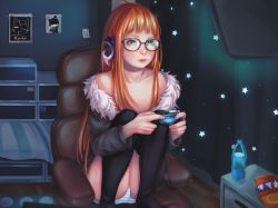 Rule 34 | 10s, 1girl, absurdres, artist request, blush, collarbone, dress, fur trim, game, glasses, headphones, highres, jacket, long hair, panties, persona, persona 5, playing, sakura futaba, solo, source request, striped clothes, striped panties, tagme, underwear, upskirt