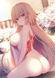 Rule 34 | 1girl, ass, blonde hair, blush, breasts, closed mouth, day, fate/apocrypha, fate (series), jeanne d&#039;arc (fate), jeanne d&#039;arc (ruler) (fate), large breasts, long hair, looking at viewer, miko (royal milk), nude, onsen, outdoors, purple eyes, smile, soaking feet, solo, tattoo, towel, very long hair, wet