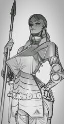 Rule 34 | 1girl, armor, bad id, bad twitter id, boobplate, breastplate, closed mouth, grey background, greyscale, hand on own hip, highres, holding, holding polearm, holding weapon, looking at viewer, mole, mole under mouth, monochrome, original, parody, pauldrons, polearm, shoulder armor, solo, spear, wass nonnam, weapon