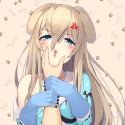 Rule 34 | 1girl, anger vein, animal ears, bare shoulders, blue eyes, blue gloves, blue shirt, blush, brown background, brown hair, cheek squash, collarbone, commentary request, dog ears, gloves, hair between eyes, half-closed eyes, highres, long hair, long sleeves, looking at viewer, off shoulder, olive (laai), original, out of frame, parted lips, shirt, solo focus, upper body, very long hair