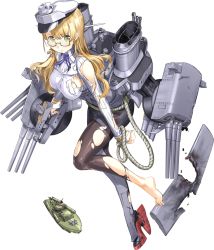 Rule 34 | 1girl, barefoot, black pantyhose, black skirt, blonde hair, breasts, full body, glasses, green eyes, hat, high heels, kantai collection, large breasts, long hair, machinery, military, military uniform, miniskirt, naval uniform, northampton (kancolle), official art, pantyhose, peaked cap, pencil skirt, rudder footwear, shin guards, shoes, single shoe, skirt, torn clothes, torn legwear, torpedo boat, torpedo launcher, transparent background, turret, uniform, white hat, zeco