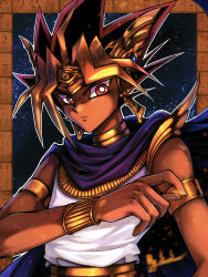 Rule 34 | 1boy, armlet, atem, black hair, blonde hair, blue cape, brown eyes, cape, closed mouth, commentary request, dark skin, dark-skinned male, earrings, highres, jewelry, looking at viewer, male focus, multicolored hair, purple hair, shine cheese, shirt, short hair, sleeveless, sleeveless shirt, solo, spiked hair, upper body, white shirt, yu-gi-oh!, yu-gi-oh! duel monsters