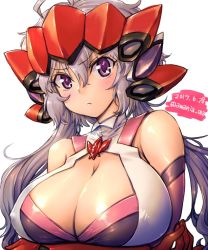 Rule 34 | 10s, 1girl, ahoge, amania orz, bare shoulders, blush, breast hold, breasts, cleavage, dated, detached sleeves, hair between eyes, large breasts, leotard, looking at viewer, purple eyes, ringed eyes, senki zesshou symphogear, shiny clothes, shiny skin, simple background, skindentation, solo, twitter username, white background, yukine chris