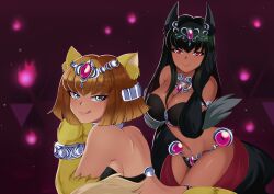 Rule 34 | 2girls, absurdres, adeline leona, animal ear fluff, animal ears, animal hands, anubis (monster girl encyclopedia), armlet, arms up, black hair, blue eyes, blush, bob cut, body fur, bra, bracelet, breasts, brown hair, cat claws, cat ears, cat paws, cat tail, claws, cleavage, clothing cutout, come hither, corruption, dark-skinned female, dark demon realm (monster girl encyclopedia), dark skin, demon realm (monster girl encyclopedia), desert, diadem, dog ears, dog paws, dog tail, egyptian, egyptian clothes, female focus, fire, gradient hair, grin, hair ornament, harem outfit, harem pants, highres, jackal claws, jackal ears, jackal paws, jackal tail, jewelry, large breasts, licking lips, lion claws, lion ears, lion paws, lion tail, long hair, looking at viewer, monster girl, monster girl encyclopedia, multicolored hair, multiple girls, naughty face, navel, navel piercing, necklace, night, outdoors, panties, pants, parted lips, piercing, pink eyes, purple fire, purple sky, red eyes, revealing clothes, see-through, see-through legwear, short hair, sidelocks, silver, sky, smile, sphinx (monster girl encyclopedia), star (sky), starry sky, tail, the lost kingdoms of the desert (monster girl encyclopedia), tiara, tongue, tongue out, underwear, wolf paws