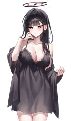 Rule 34 | 1girl, absurdres, black dress, black hair, black jacket, blue archive, blush, breasts, bright pupils, cleavage, closed mouth, collarbone, cowboy shot, dress, fingernails, halo, highres, jacket, large breasts, long hair, long sleeves, open clothes, open jacket, raki kr, red eyes, ringed eyes, rio (blue archive), simple background, solo, white background, white pupils, wide sleeves