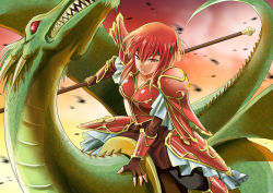 Rule 34 | 1girl, arm support, armor, dragon, fingerless gloves, fire emblem, fire emblem: mystery of the emblem, gloves, headband, horns, looking at viewer, minerva (fire emblem), nanagami ginji, nintendo, polearm, red armor, red eyes, red hair, riding, saddle, sharp teeth, short hair, solo, teeth, weapon, wyvern
