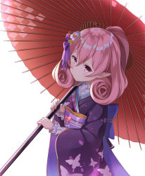 Rule 34 | 1girl, blush, elf, highres, japanese clothes, kimono, looking at viewer, neneka (princess connect!), pink eyes, pink hair, pointy ears, princess connect!, sira (user dswn7488), smile, umbrella