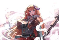 Rule 34 | 1girl, :d, arknights, bagpipe (arknights), blue eyes, breasts, commentary, dokuro deluxe, english commentary, horns, jacket, long hair, looking at viewer, medium breasts, open mouth, orange hair, smile, solo, upper body, white background
