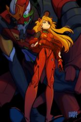 Rule 34 | 1girl, blue eyes, bodysuit, breasts, commentary, english commentary, eva 02, evangelion: 3.0 you can (not) redo, eyepatch, from below, hairpods, hand in pocket, highres, interface headset, jacket, long hair, looking at viewer, looking down, manda schank, mecha, neon genesis evangelion, off-shoulder jacket, off shoulder, one-eyed, open clothes, open jacket, orange hair, pilot suit, plugsuit, rebuild of evangelion, red bodysuit, robot, small breasts, souryuu asuka langley, track jacket